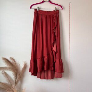 Elle™ Satin Maroon Midi Skirt – XS, High-Waisted, Side Ruffle, Gently Used
